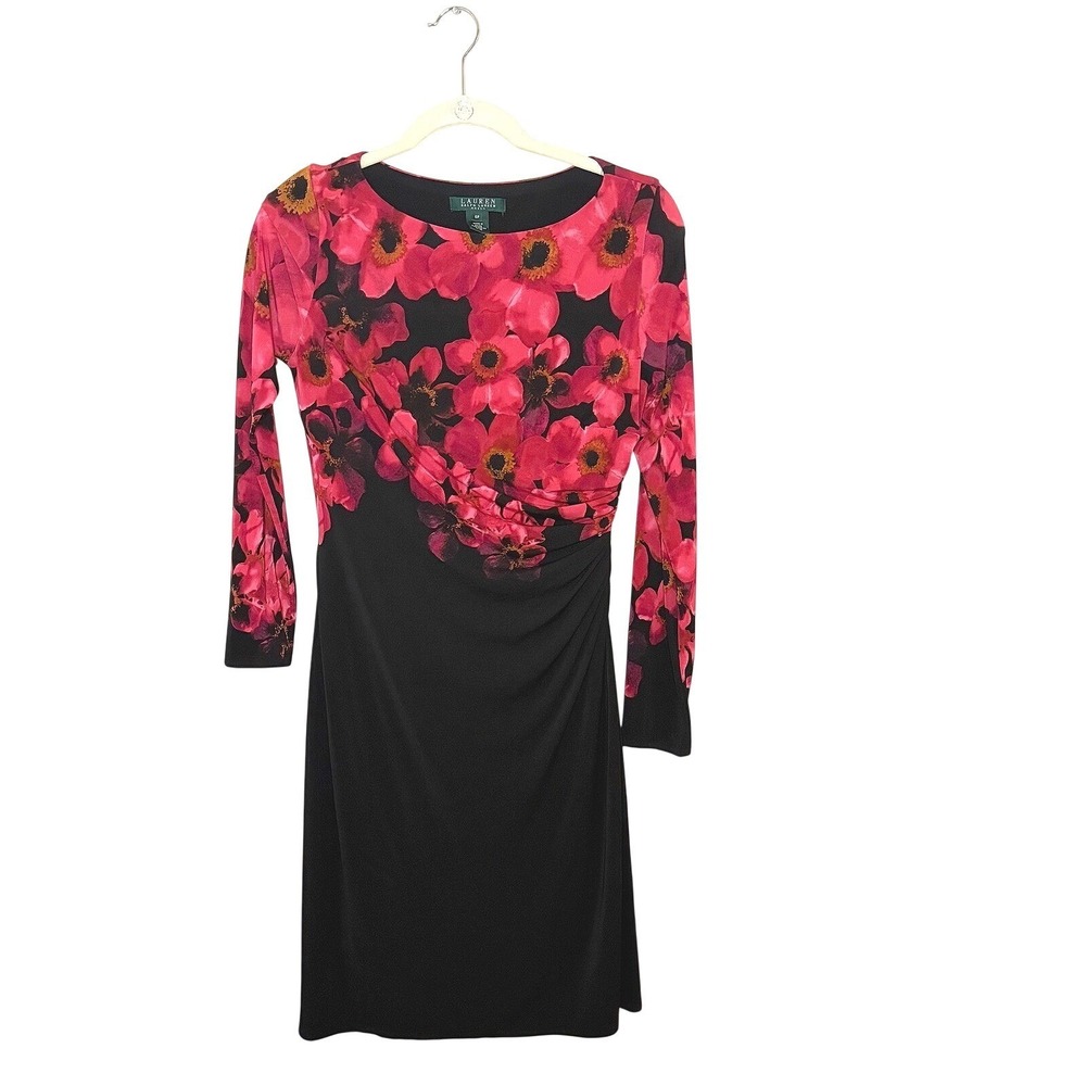 Women's Lauren Ralph Lauren Knee Length Black Floral Dress Boat Neck Pink SZ 6P